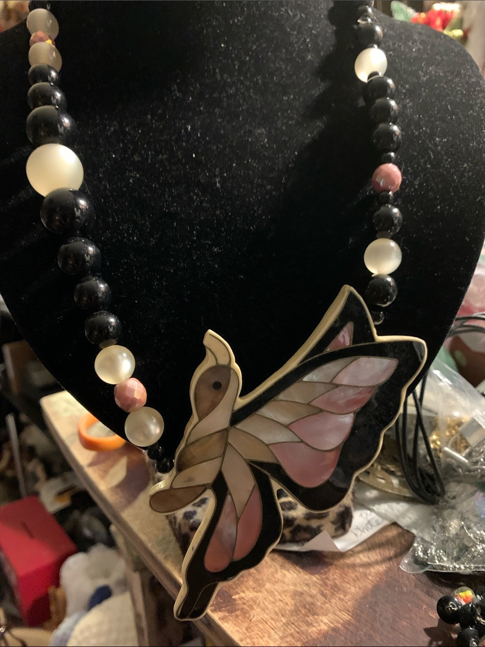 Vintage Enamel Mother Of Pearl Butterfly Beaded Necklace - Pink, Black, Pearl